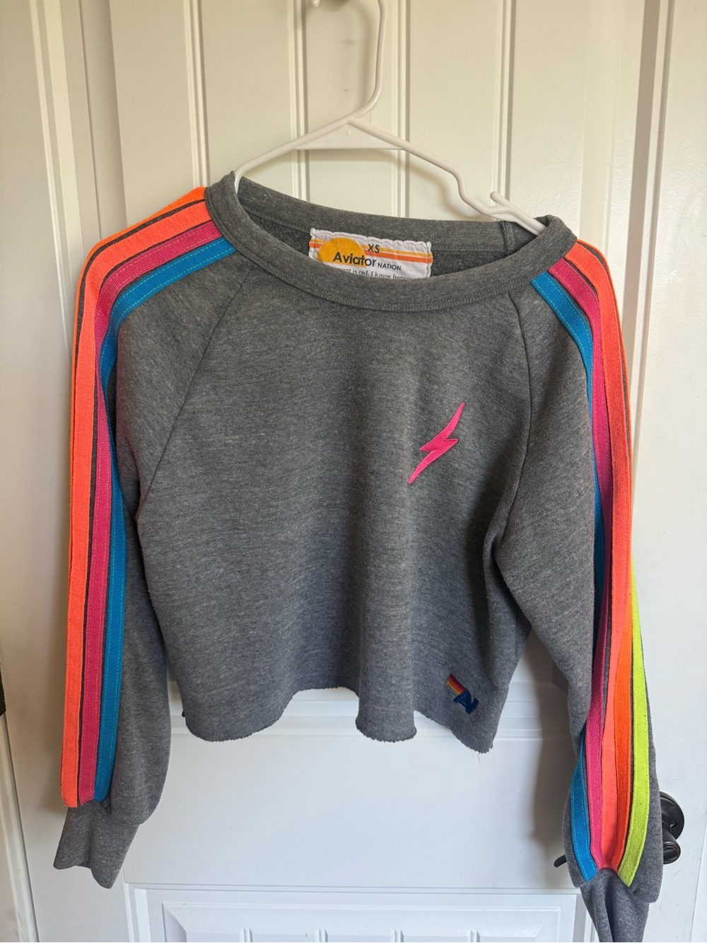 Aviator Nation Gray Cropped Sweatshirt with Neon Stripe Sleeves- XS